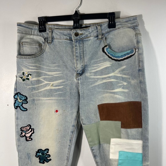 Mens Amiri Grateful Dead Blue Jeans Patches Bears Streetwear Cotton Elastane 36 - Picture 3 of 10